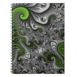 Caderno Espiral Mundo Fantasia Verde E Cinza Arte Fractal Abstrata