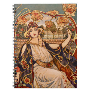 Caderno Espiral Musa do Crisântemo Dourado – Floral Art Nouveau