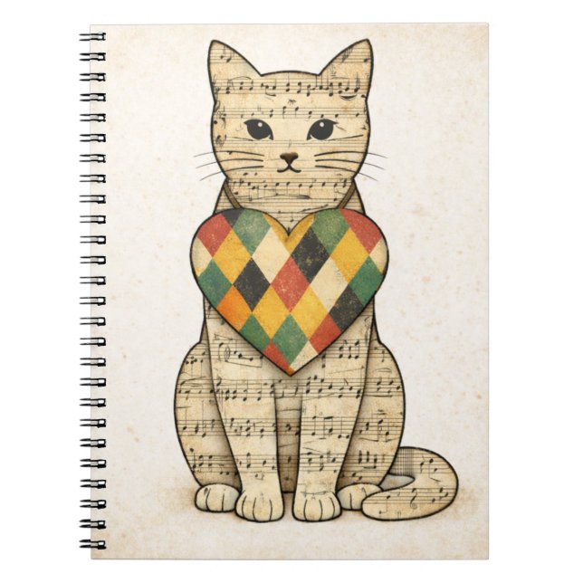 Caderno Espiral Musical Cat Collage with Harlequin Heart (Frente)