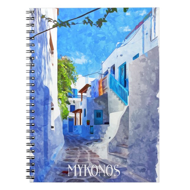 Caderno Espiral Na moda Azul Branco Mykonos Grécia Watercolor (Frente)