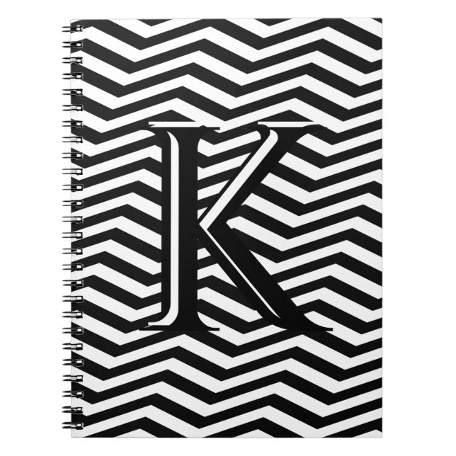 Caderno Espiral Na moda Black White Chevron Stripe Monograma Perso (Frente)