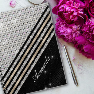 Caderno Espiral Na moda faux Crystal prata e Black Personalizado