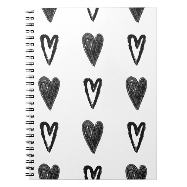 Caderno Espiral Na moda gráfico com corações. Blac (Frente)