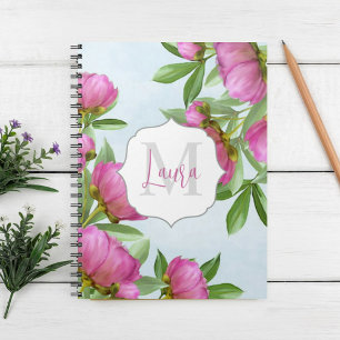 Caderno Espiral Na moda Monograma de Peões Botânicos Rosa Elegante