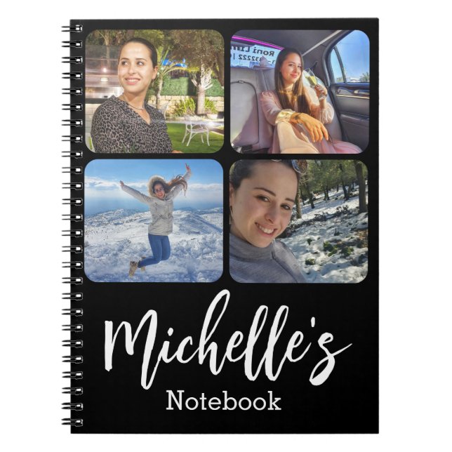 Caderno Espiral na moda personalizado 4 fotos colagem branco preto (Frente)