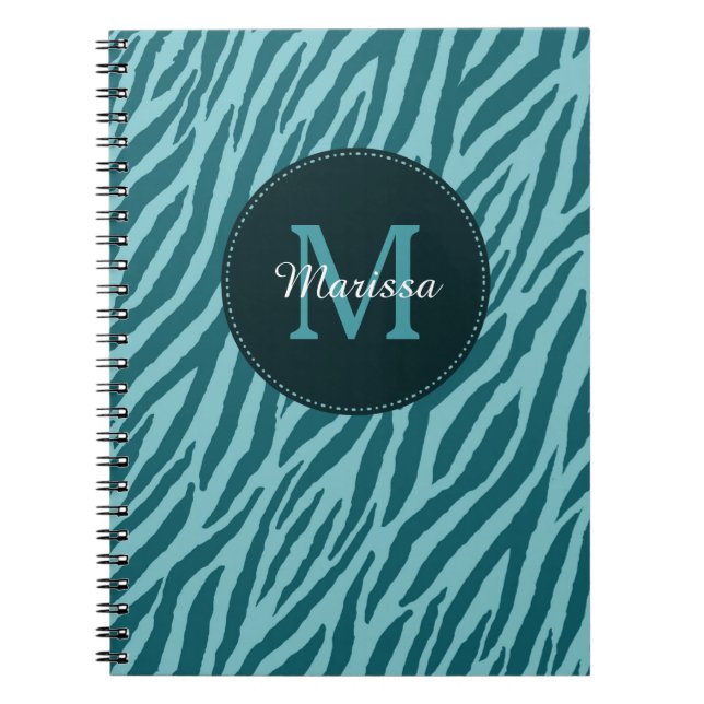 Caderno Espiral Na moda Teal Zebra Impressa com Monograma e Nome (Frente)