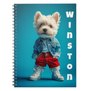 Caderno Espiral Na moda Westie Pup em Denim e Sneakers