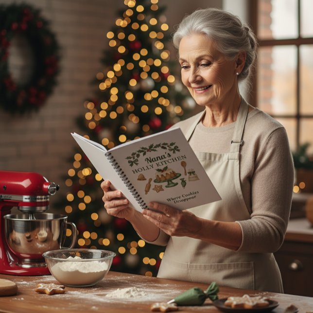 Caderno Espiral Nana’s Holly Kitchen — Personalized Holiday Recipe (Criador carregado)