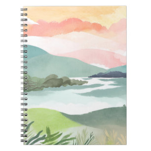 Caderno Espiral Nascer do Sol na Manhã do Lago   Aquarela Natureza