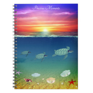 Caderno Espiral Nascer do sol no oceano, tartarugas marinhas nadan