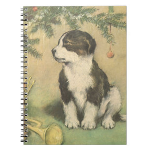 Caderno Espiral Natal Antigo, Cachorrinho Fofo sob a Árvore de Nat