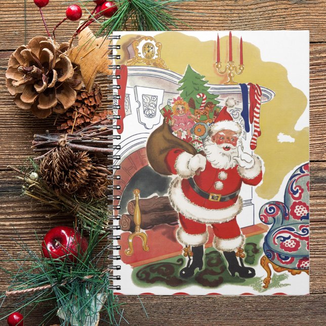 Caderno Espiral Natal Antigo, Papai Noel Alegre com Presentes (Criador carregado)