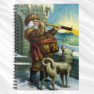 Caderno Espiral Natal Antigo Papai Noel Telescópio Cachorro Pôr do