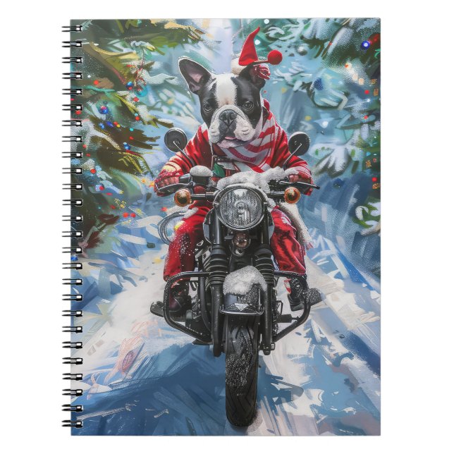 Caderno Espiral Natal de Motocicleta em Boston Terrier (Frente)