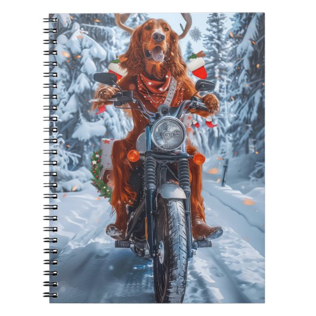 Caderno Espiral Natal do Cão Vermelho Irlandês a Andar a Moto (Frente)