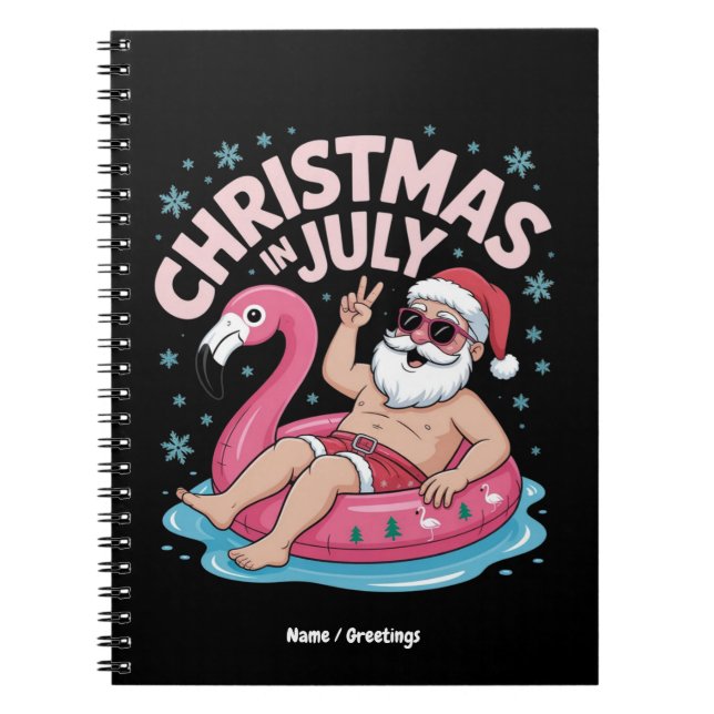 Caderno Espiral Natal em Julho Papai Noel Flamingo Verão Divertido (Frente)