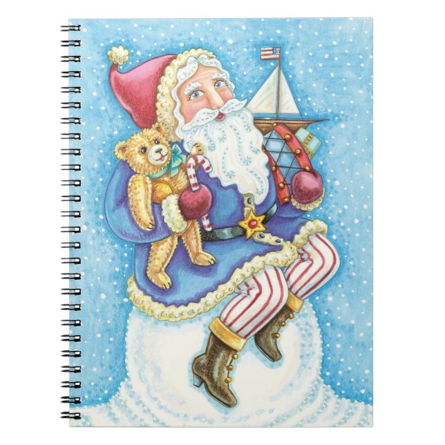 Caderno Espiral Natal fofo, Papai Noel na Bola de Neve com Brinque (Frente)