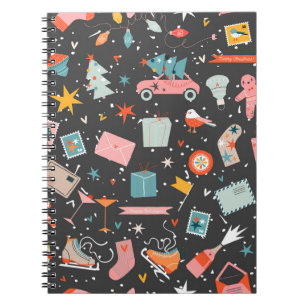 Caderno Espiral Natal Negro: Padrão de colheita de ornamentados.
