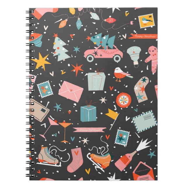 Caderno Espiral Natal Negro: Padrão de colheita de ornamentados. (Frente)