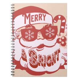 Caderno Espiral Natal Retro Santa Alegre Rosa Vermelho  