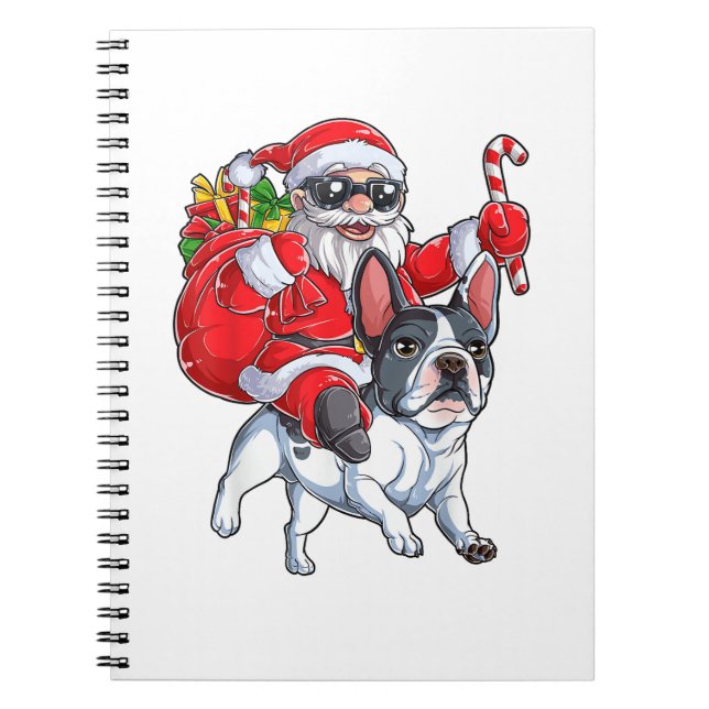 Caderno Espiral Natal Santa Claus Andando Buldogue Francês Xmas B (Frente)
