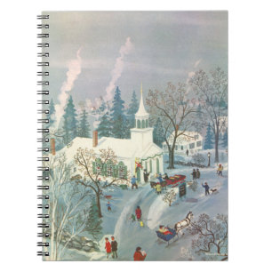 Caderno Espiral Natal vintage, pessoas que vão à igreja na neve