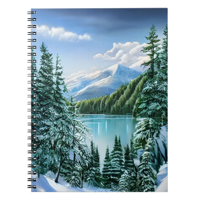 Caderno Espiral Nature Winter Sky Mountain Lake Pine Trees (Frente)