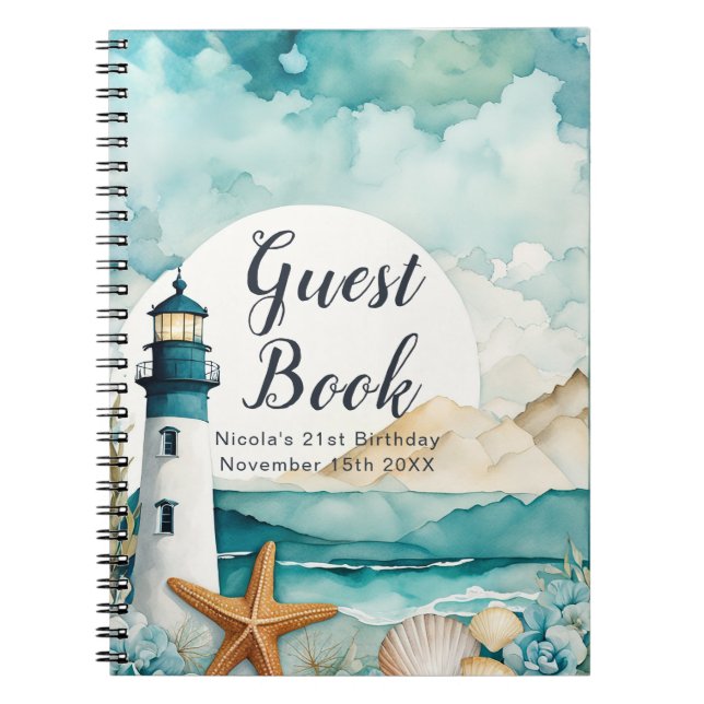 Caderno Espiral Nautical Lighthouse Birthday Party Guest Book (Frente)