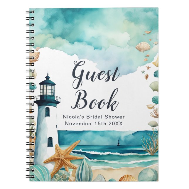 Caderno Espiral Nautical Lighthouse Bridal Shower Guest Book (Frente)