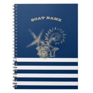 Caderno Espiral Náutico,Conchas Douradas Listras Azuis Marinho 
