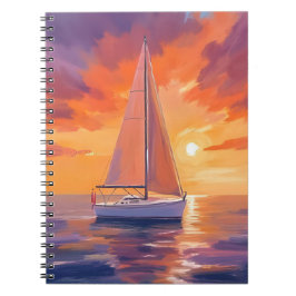 Caderno Espiral Navegando ao Pôr do Sol | Pintura do Oceano Costei