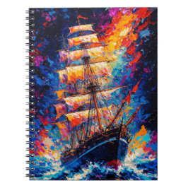 Caderno Espiral Navio Alto Pôr do Sol Ardente Pintura Abstrata Náu