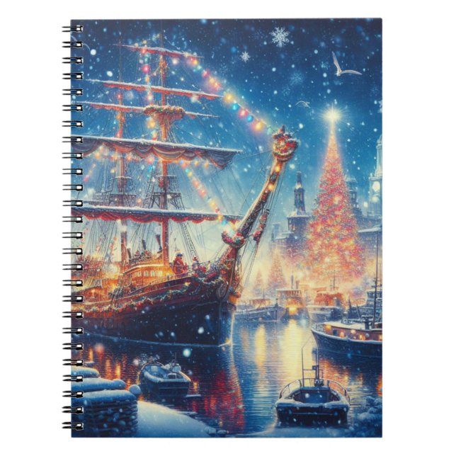 Caderno Espiral Navio ancorado de Natal/Inverno (Frente)