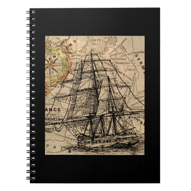 Caderno Espiral Navio Antigo e Mapa (Frente)