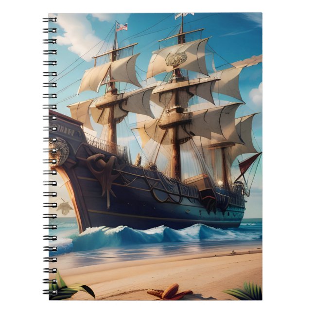 Caderno Espiral Navio de pirata de praia tropical (Frente)