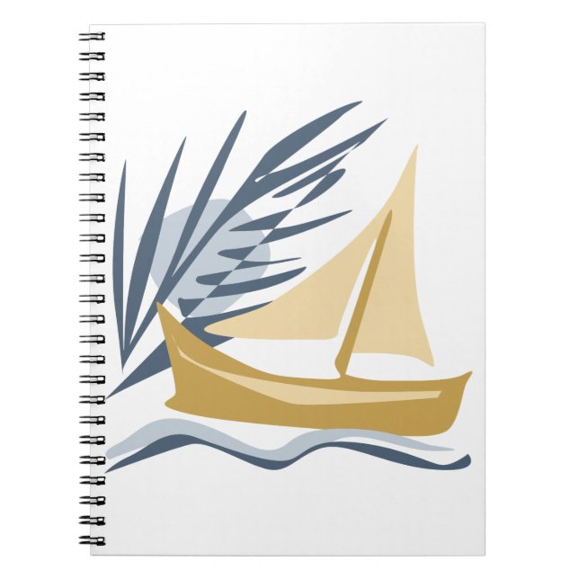 Caderno Espiral Navio de vela no fundo da lua e palma (Frente)