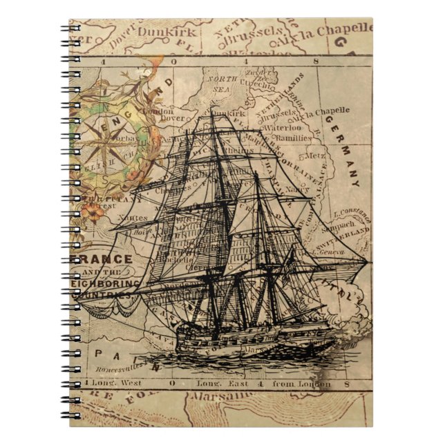 Caderno Espiral Navio Vintage e Velho Europeu (Frente)