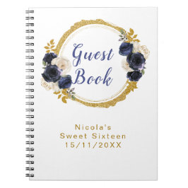 Caderno Espiral Navy Blue and Gold Elegant Flowers Sweet Sixteen