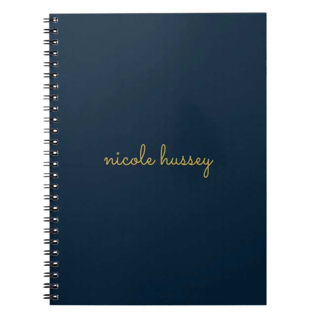 Caderno Espiral Navy Blue Gold Script  | Stylish Monogram Modern (Frente)