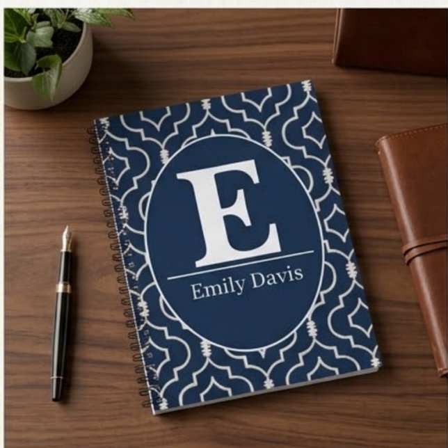 Caderno Espiral  Navy Blue Trellis Monogram Personalized Custom  (Criador carregado)