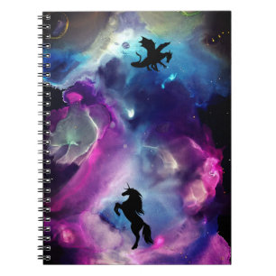Caderno Espiral Nebulosa Espacial Fantástica Dragão Unicórnio Rosa