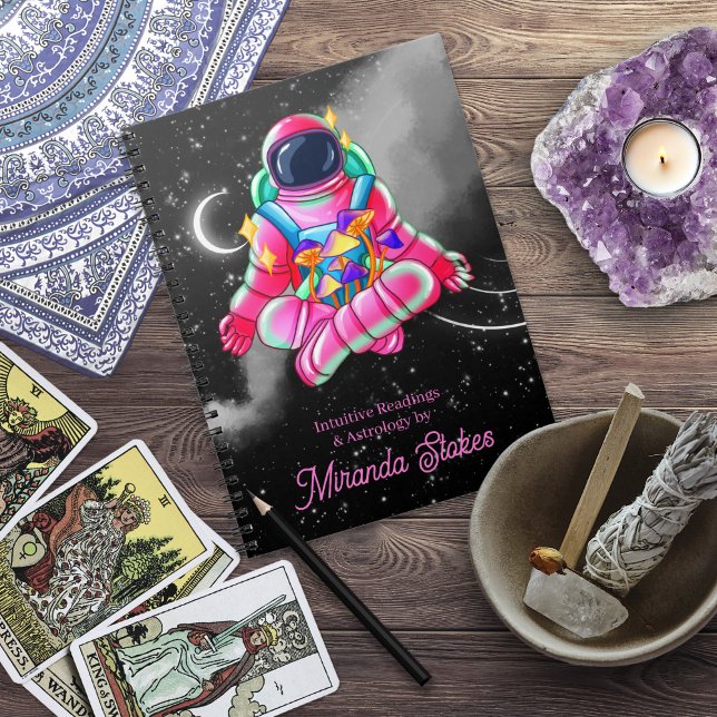Caderno Espiral Neon Astronauta Outer Space Night Pink (Neon Astronaut Outer Space Night Sky Pink Notebook)