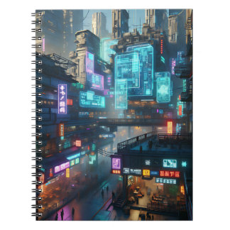 Caderno Espiral Neon Cyberpunk City - Futurística Design Urbana