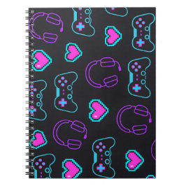 Caderno Espiral Neon Gamer Controller and Hearts Pattern