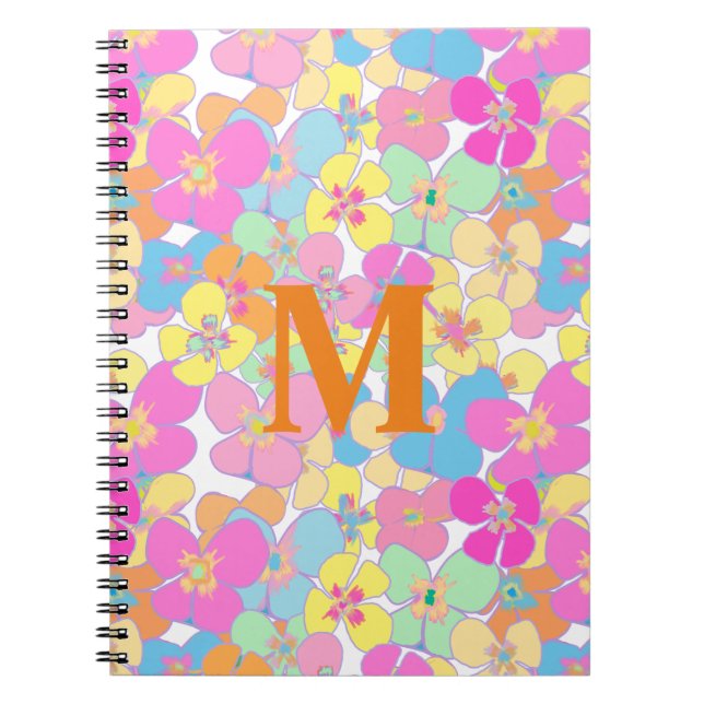 Caderno Espiral Neon Retro Floral Pink Monograma (Frente)