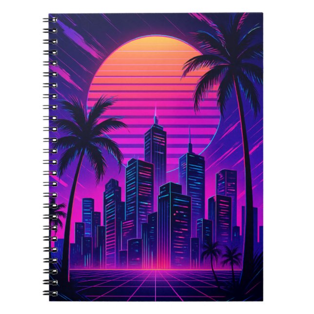Caderno Espiral Neon Sunset Retro-Futurístico (Frente)
