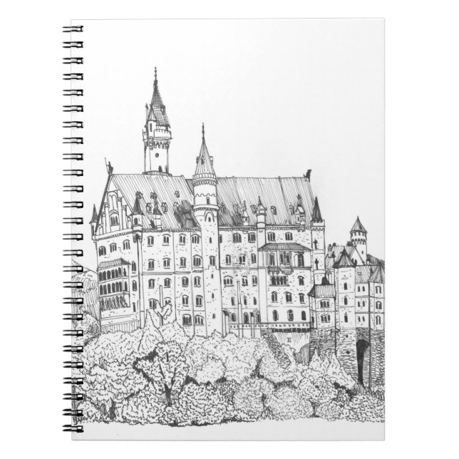 Caderno Espiral Neuschwanstein Castle Alemanha Fine Line Art (Frente)