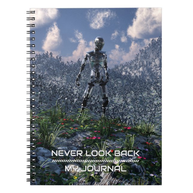 Caderno Espiral Never Look Back. Futuristic landscape with robots (Frente)