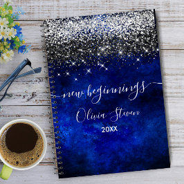 Caderno Espiral New beginnings royal blue silver faux glitter