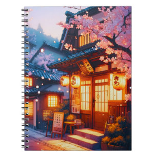 Caderno Espiral Noite de Flor de Cerejeira no Velho Japão